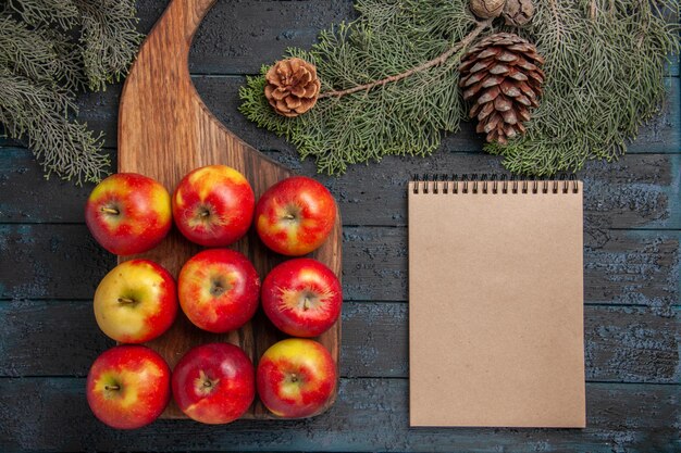 Top close view apples on table yellow-red apples on a wooden cutting board on grey surface and notebook between tree branches