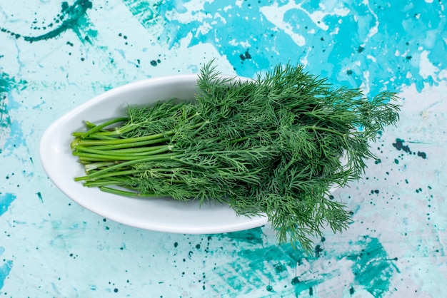 Вид сверху на свежую зелень, изолированную внутри тарелки на ярко-синем, зеленом листе, пищевой продукт, овощной