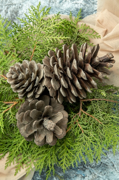 Top close view pinecones pine branches on beige shawl on dark surface