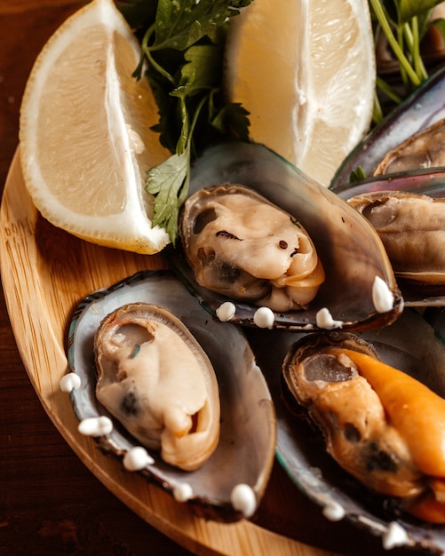 A top closed-up view shell food with lemon inside plate seafood dinner meal