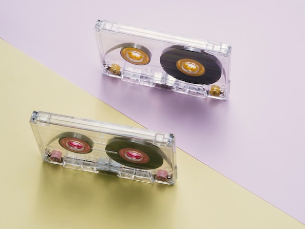 Top diagonal view clear cassette tapes 
