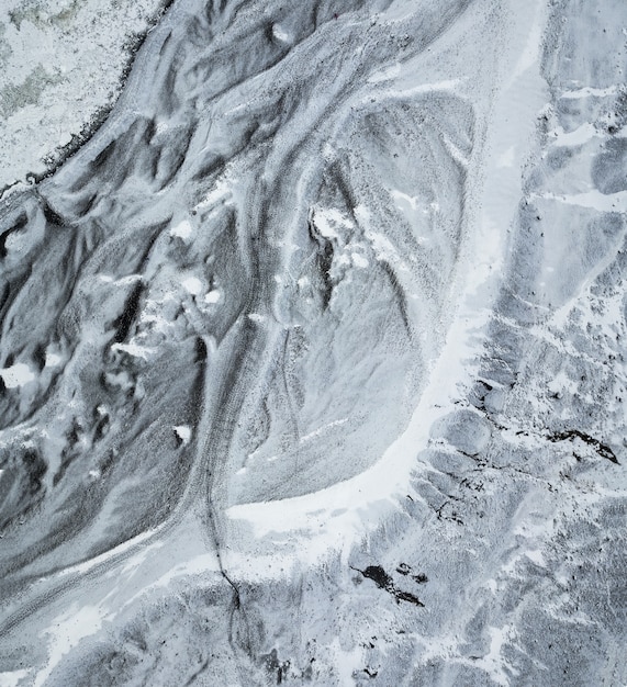 Top-down aerial perspective of the icy path leading to the base of the Sólheimajökull glacier