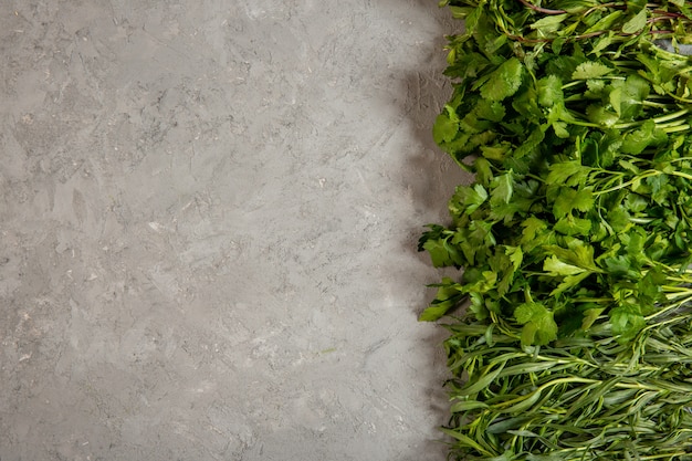 Free photo top  fresh herbs tarragonnd parsley with copy space on grey