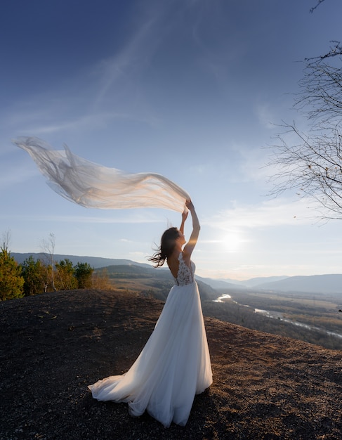 Sulla cima di una collina la sera, vista posteriore di una sposa con velo ondulato