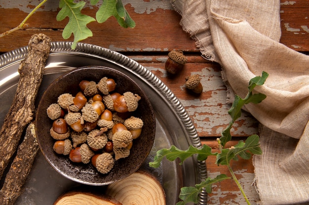 Free photo top view acorns still life