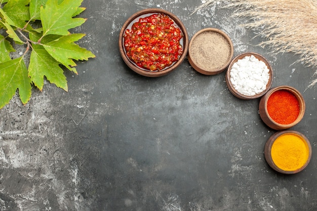 Top view adjika different spices in small bowls on grey background