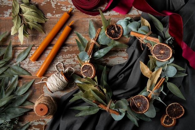 Top view advent wreath ornaments still life