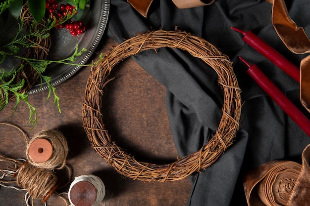 Top view advent wreath ornaments still life