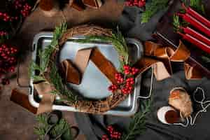 Free photo top view advent wreath ornaments still life