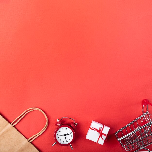 Top view alarm clock with shopping cart