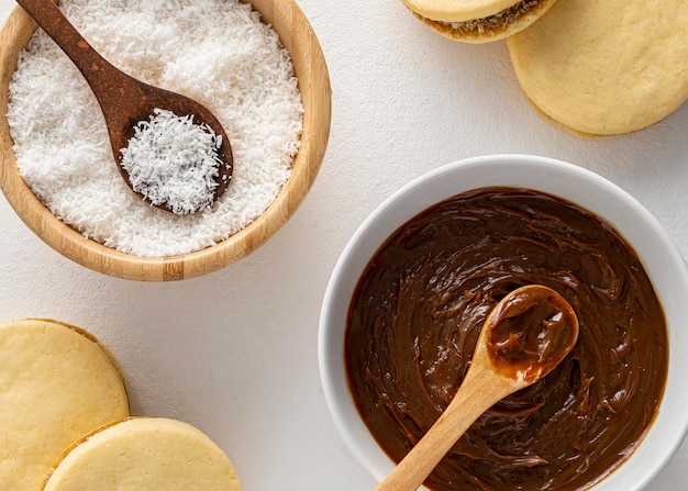 Free photo top view of alfajores and coconut concept