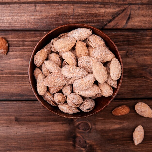 Top view of almonds in bowl