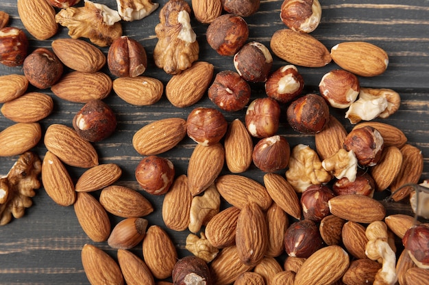 Top view of almonds with hazelnuts and walnuts