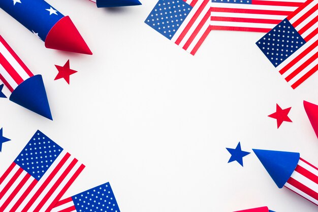 Top view of american flags with fireworks