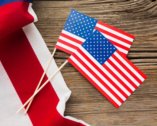 Top view of american flags on wood