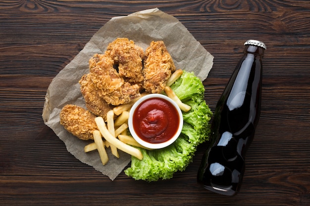 Top view of american food and soda