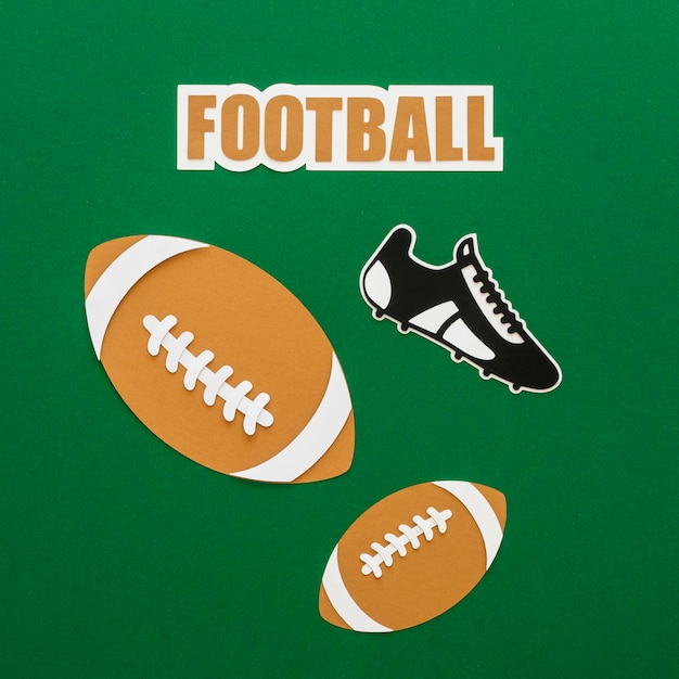 Top view of american footballs with sneaker