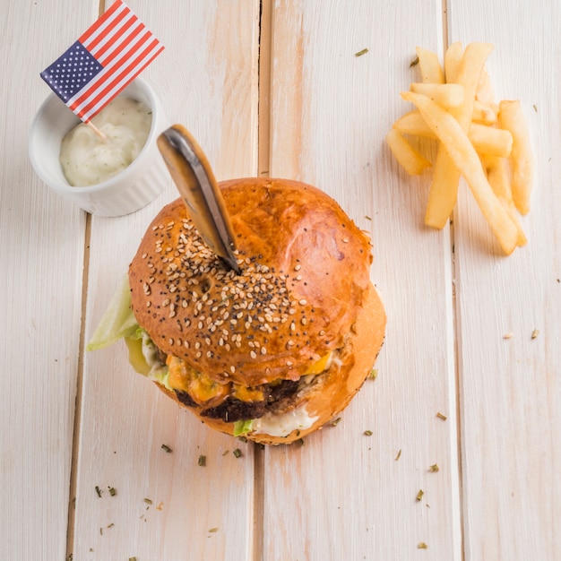 Top view of american hamburger