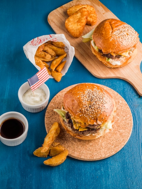 Top view of american hamburgers