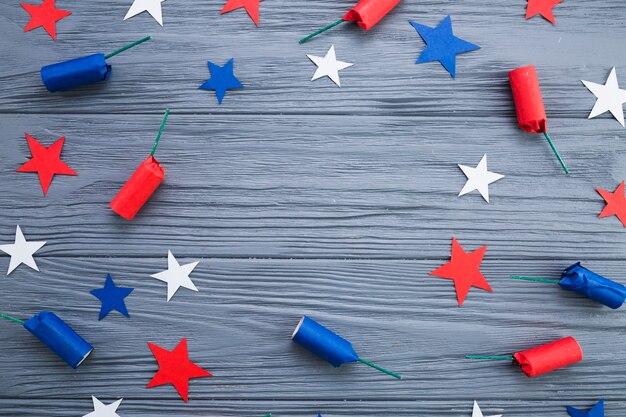 Top view of American stars and firecrackers