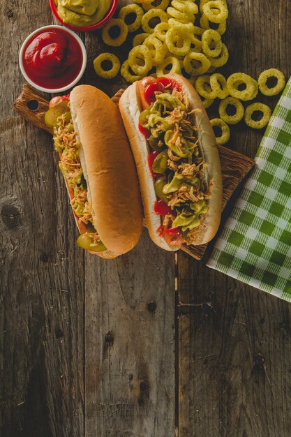 Top view of appetizing hot dogs