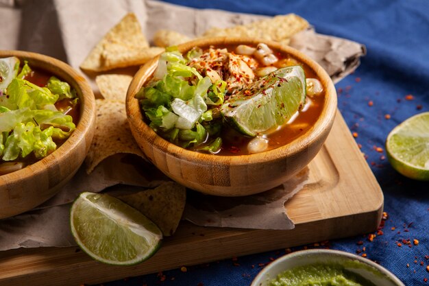 Top view on appetizing pozole bowl