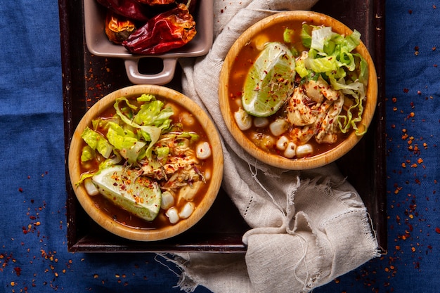 Top view on appetizing pozole bowl