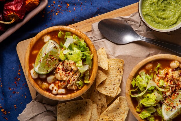 Top view on appetizing pozole bowl