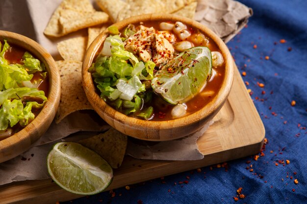 Top view on appetizing pozole bowl