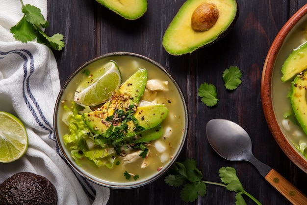 Top view on appetizing pozole bowl