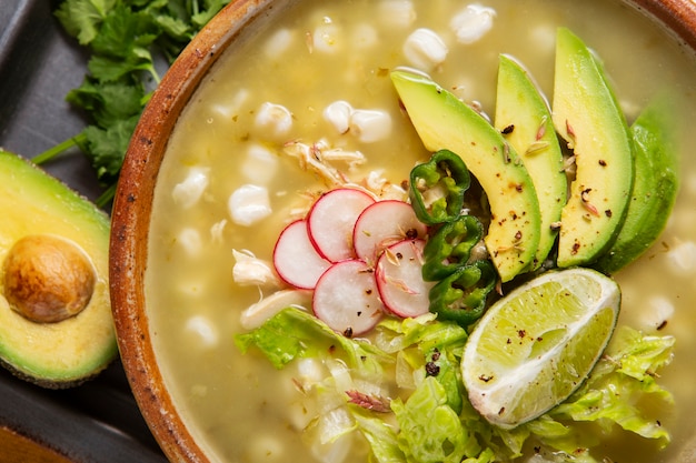 Top view on appetizing pozole bowl