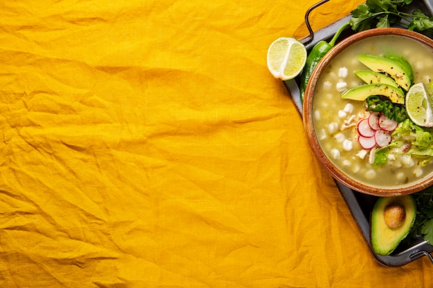 Top view on appetizing pozole bowl