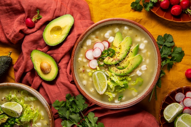 Top view on appetizing pozole bowl