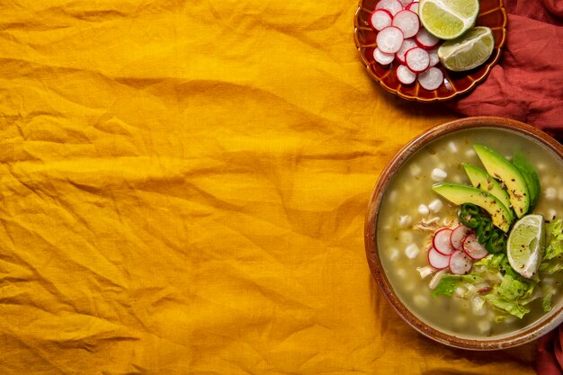 Top view on appetizing pozole bowl