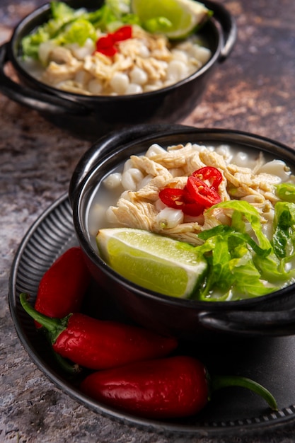 Top view on appetizing pozole bowl