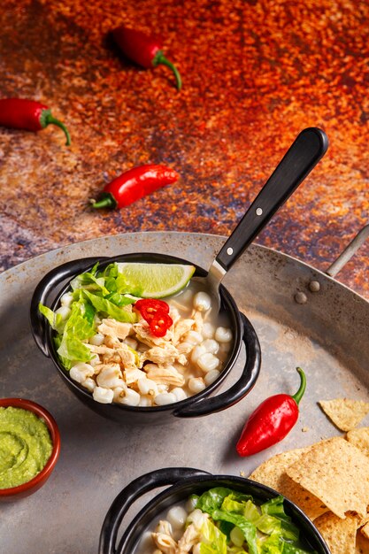 Top view on appetizing pozole bowl