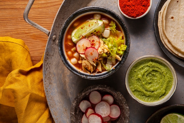 Free photo top view on appetizing pozole bowl