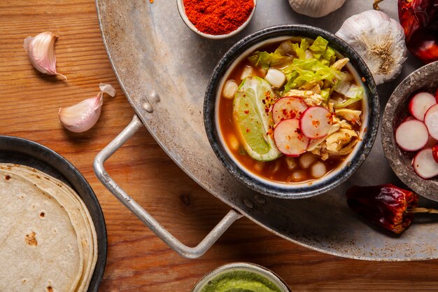 Top view on appetizing pozole bowl