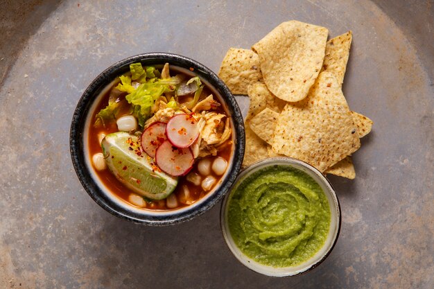 Top view on appetizing pozole bowl