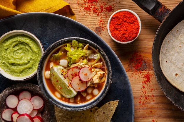 Top view on appetizing pozole bowl