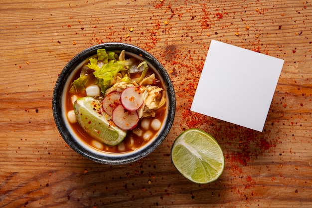 Top view on appetizing pozole bowl