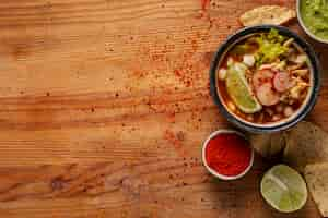 Free photo top view on appetizing pozole bowl