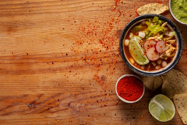 Top view on appetizing pozole bowl