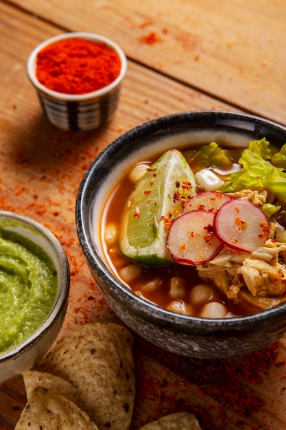 Top view on appetizing pozole bowl