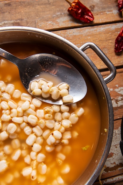 Top view on appetizing pozole bowl