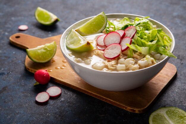 Top view on appetizing pozole bowl