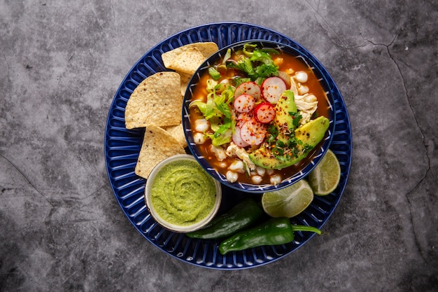 Top view on appetizing pozole bowl