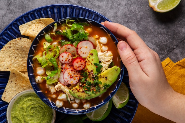 Top view on appetizing pozole bowl