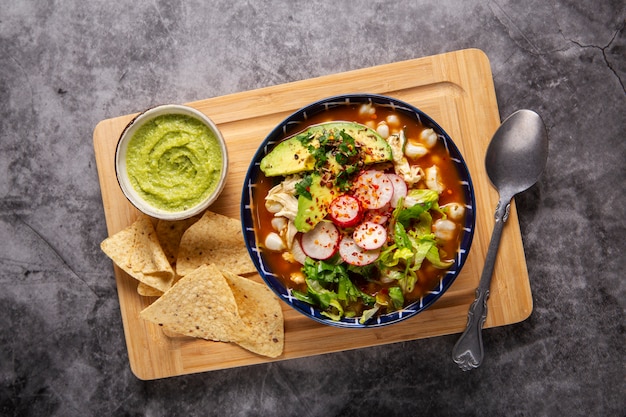 Top view on appetizing pozole bowl