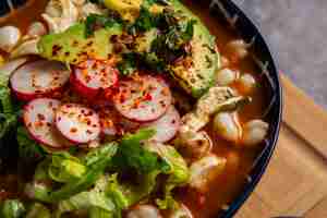 Free photo top view on appetizing pozole bowl